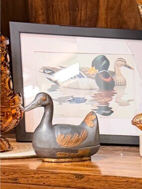 Decorative Pewter Duck Trinket Box - Gray with Gold Accents